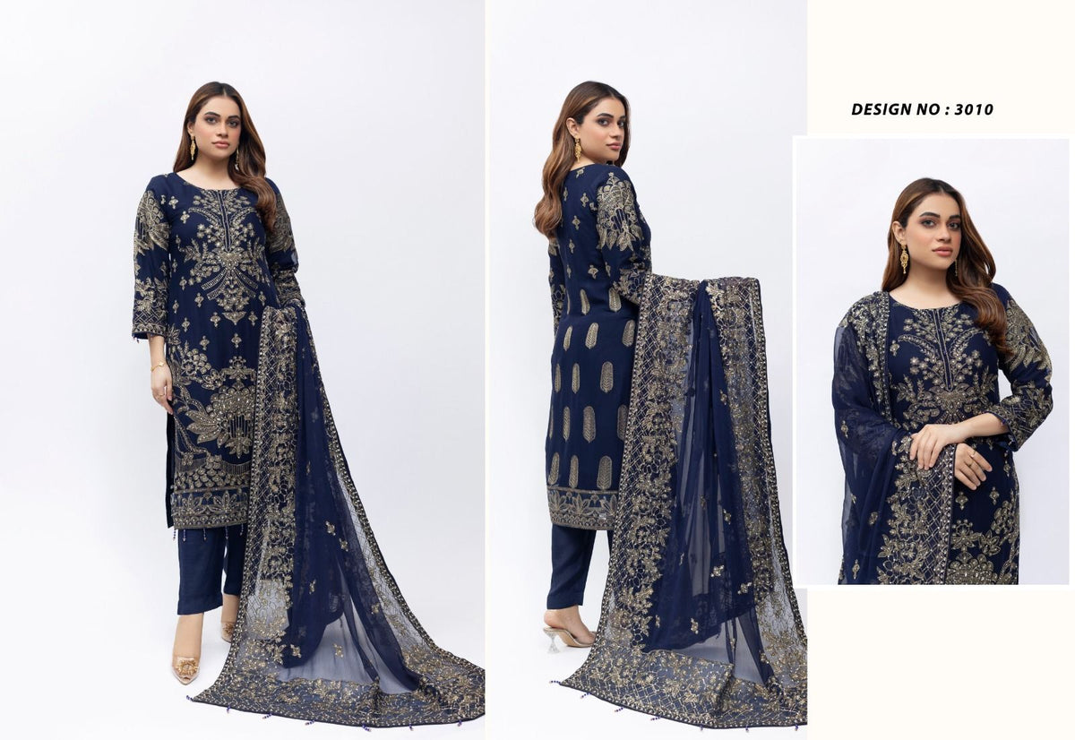 Navy Noor Embroidered Crinkle Suit – Royal Festive Edition (3010)