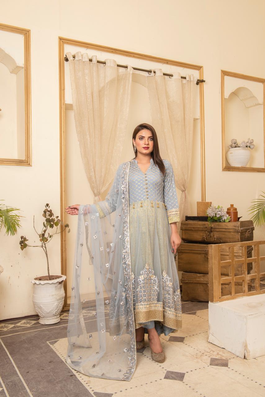 Ice Blue Embroidered Net Maxi – Ethereal Elegance Edition