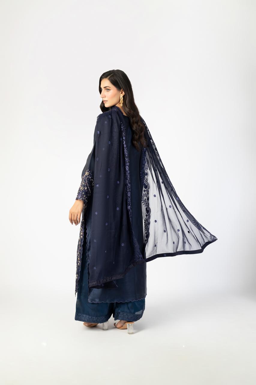 Navy Blue Pure Sheesha Silk 3-Piece Ensemble with Handmade Embellishments