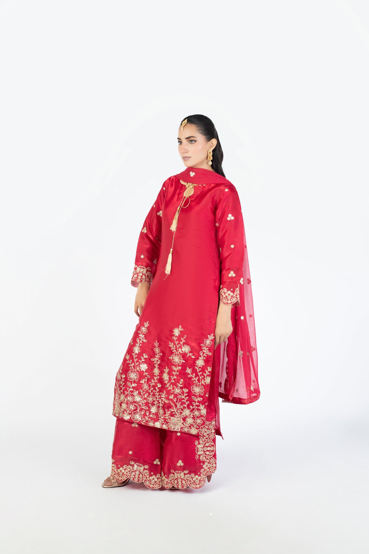 Ruby Red Sheesha Silk Ensemble with Crinckle Dupatta