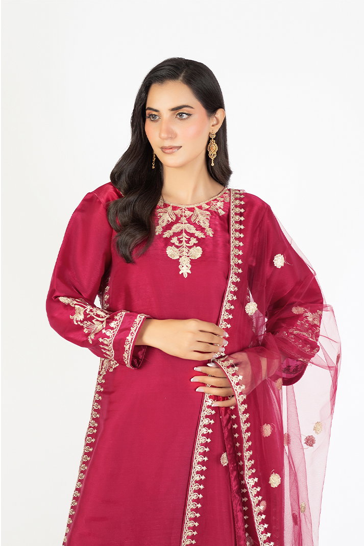 Magenta Lava Silk Embroidered 3-Piece Suit with Net Dupatta