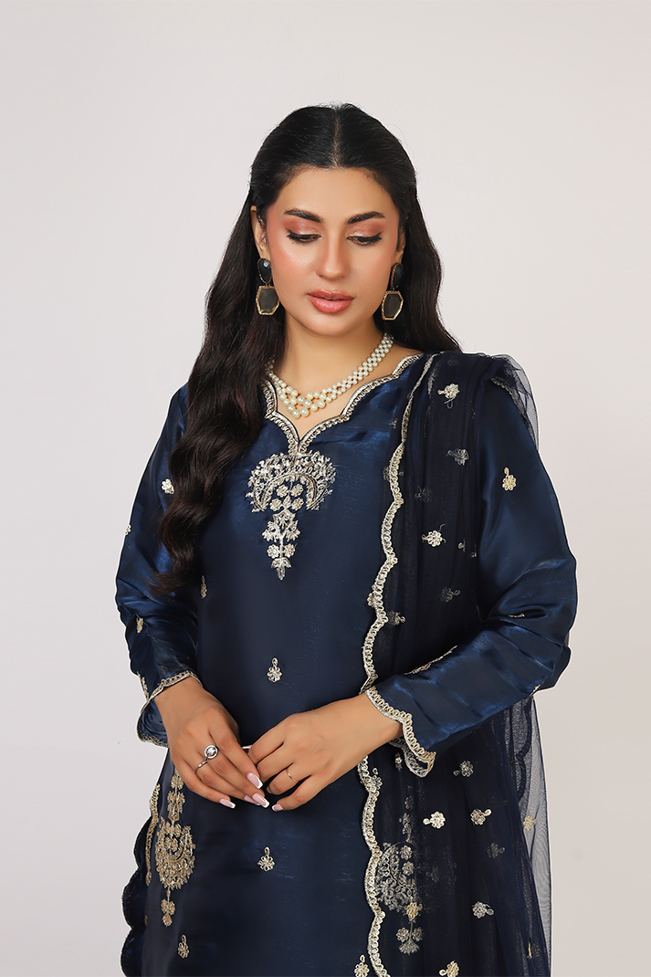 Navy Blue Lava Silk Embroidered Suit with Net Dupatta