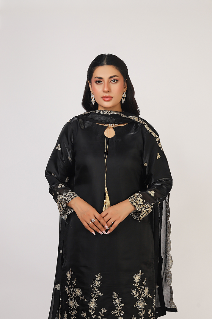 Black Lava Silk Embroidered Suit with Crinkle Dupatta