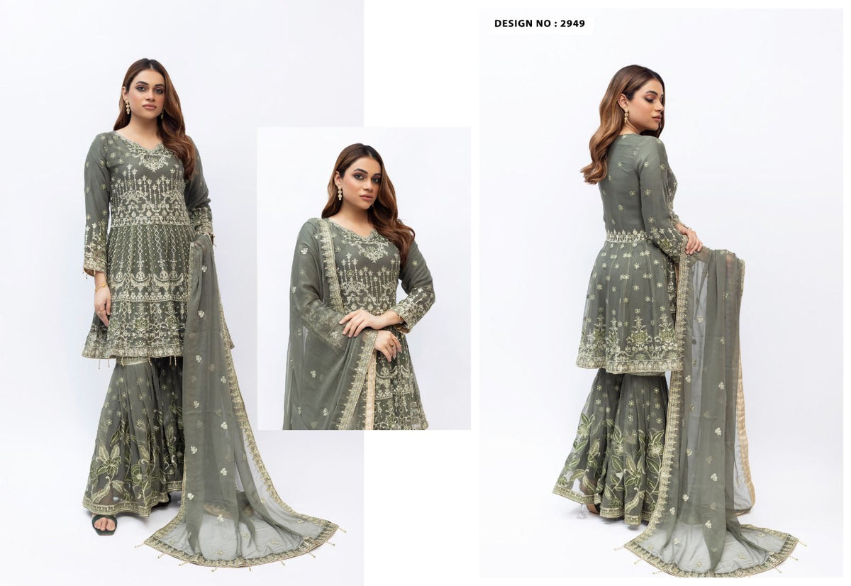 Sage Elegance – Embroidered Crinkle Frock Gharara (2949)