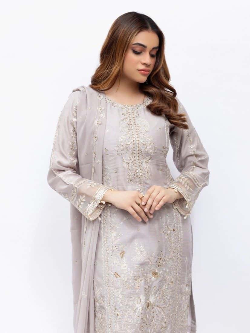 Heer Embroidered Viscose Suit - Lilac Grey AZ16 image 1