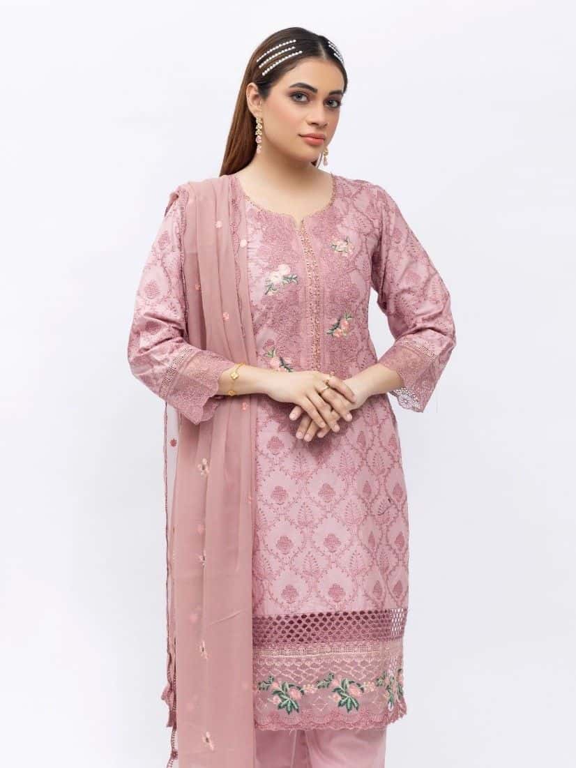 Heer Embroidered Cotton Suit - Rose Pink 3079 image 1