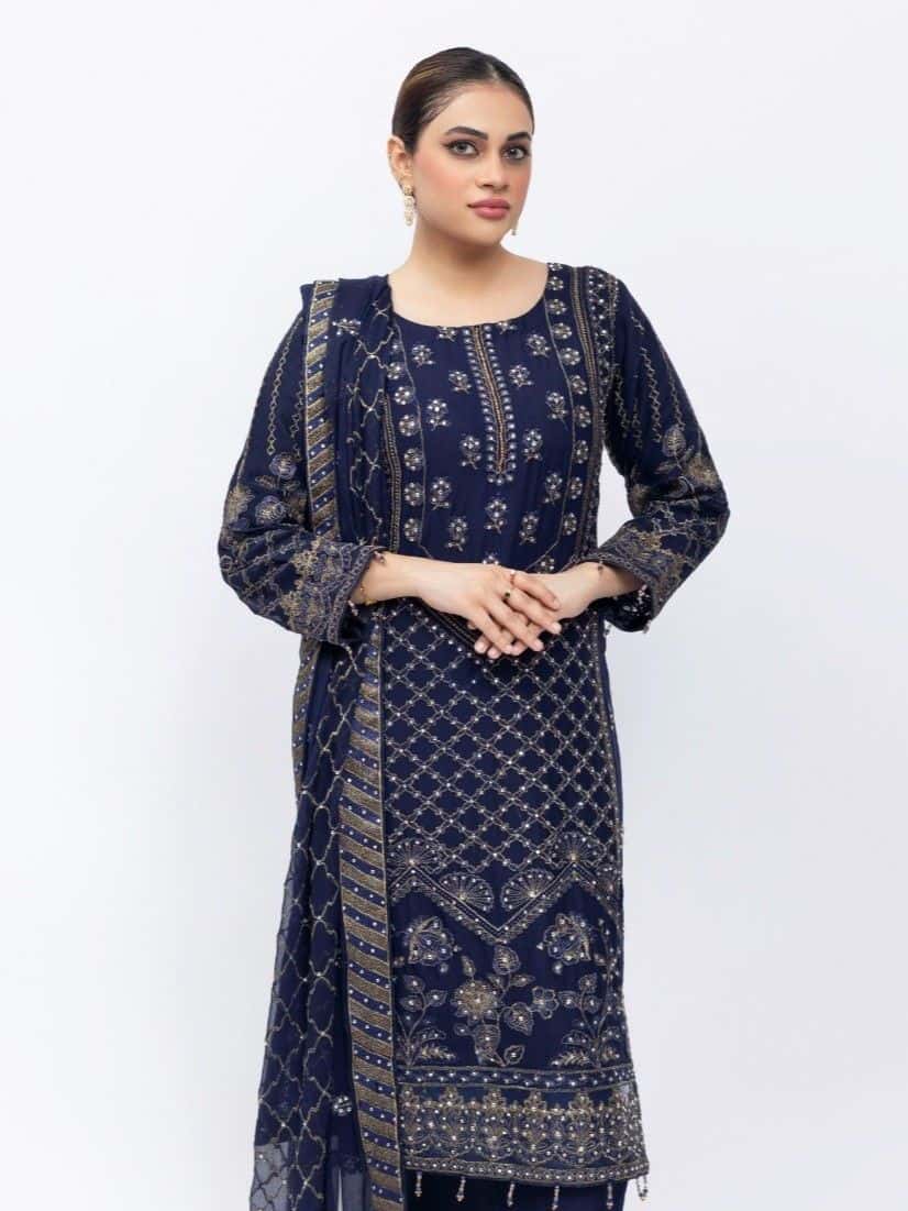 Heer Embroidered Crinkle Suit - Navy Blue 3007 image 1