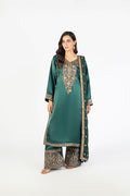 Elegant Bottle Green Pure Sheesha Silk 3-Piece Ensemble with Crinkle Dupatta