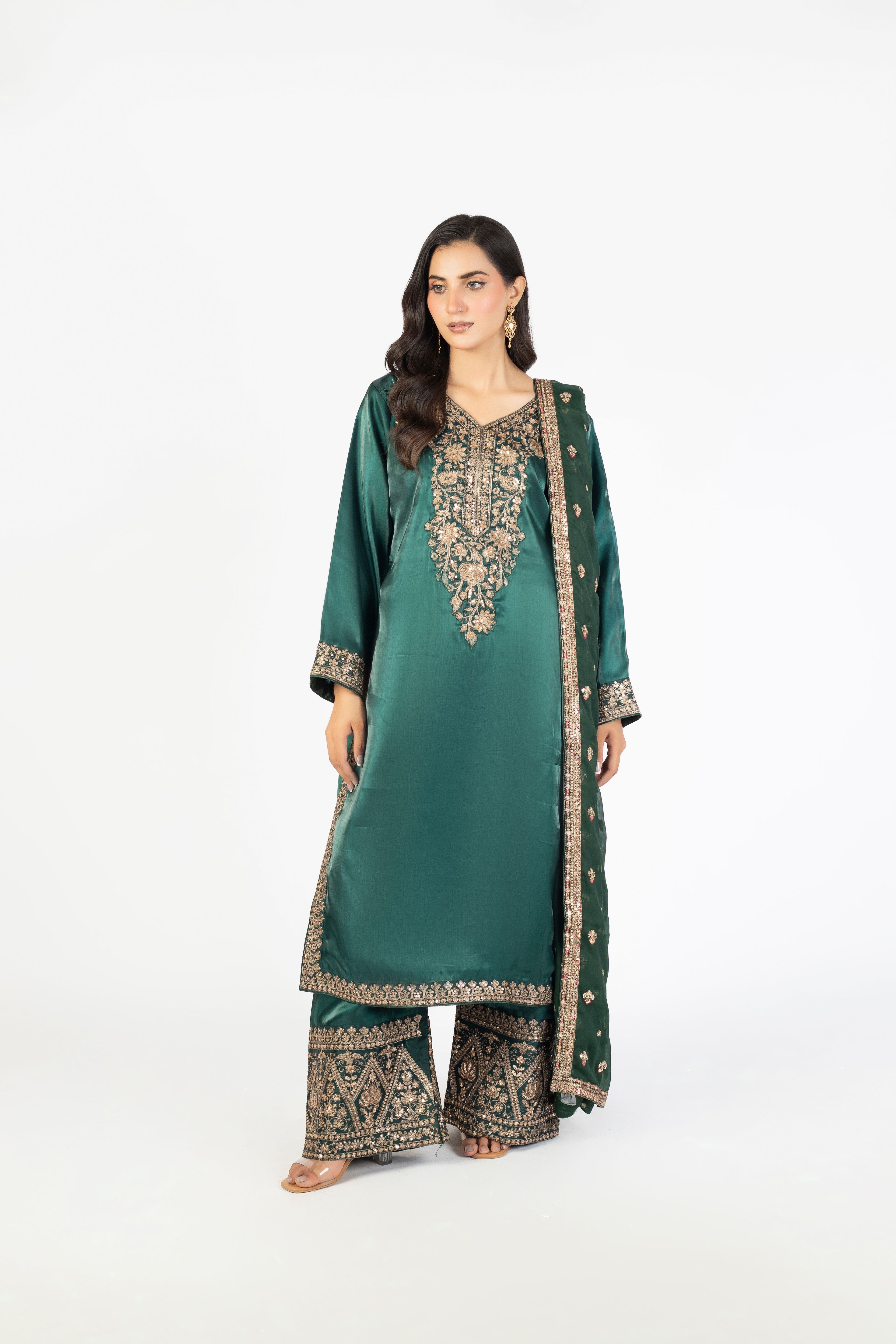 Elegant Bottle Green Pure Sheesha Silk 3-Piece Ensemble with Crinkle Dupatta