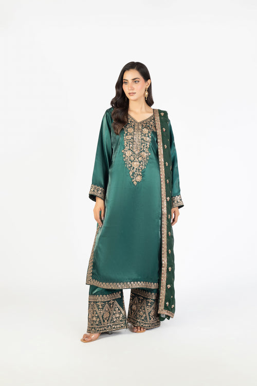 Elegant Bottle Green Pure Sheesha Silk 3-Piece Ensemble with Crinkle Dupatta