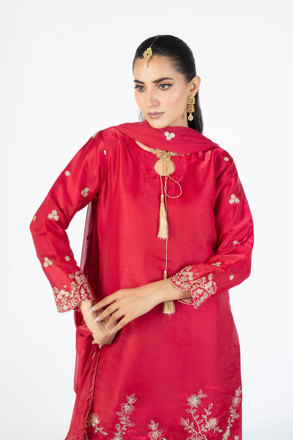 Ruby Red Sheesha Silk Ensemble with Crinckle Dupatta