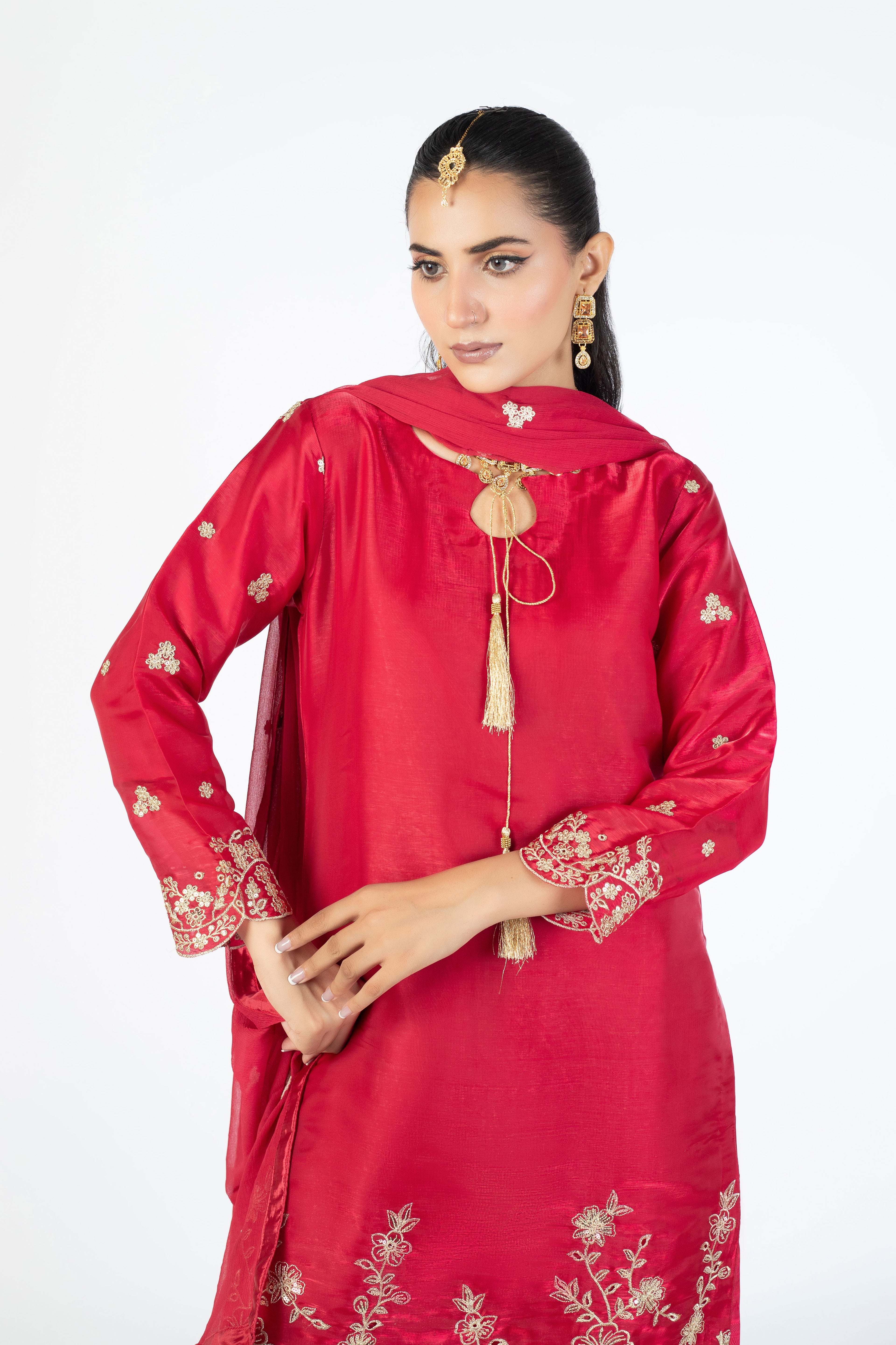 Ruby Red Sheesha Silk Ensemble with Crinckle Dupatta