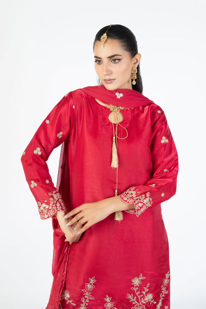Ruby Red Sheesha Silk Ensemble with Crinckle Dupatta