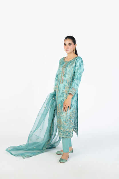 Ocean Blue Handmade Embellished Organza Ensemble with Clutch & Khussa