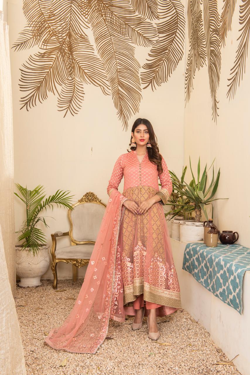 Peach Coral Embroidered Net Maxi – Soft Luxe Festive Edition