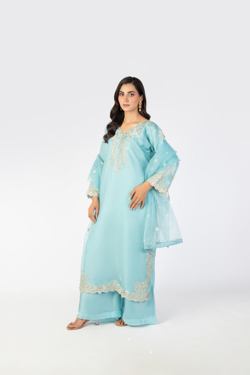 Sky Blue Pure Sheesha Silk 3-Piece Ensemble with Handmade Embellishments