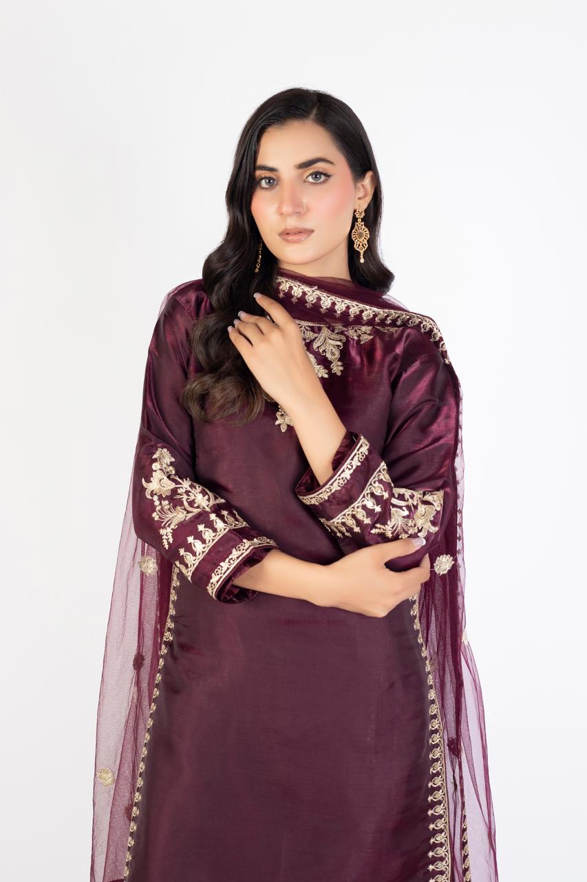 Luxury Pure Sheesha Silk 3-Piece Formal Ensemble with Net Dupatta