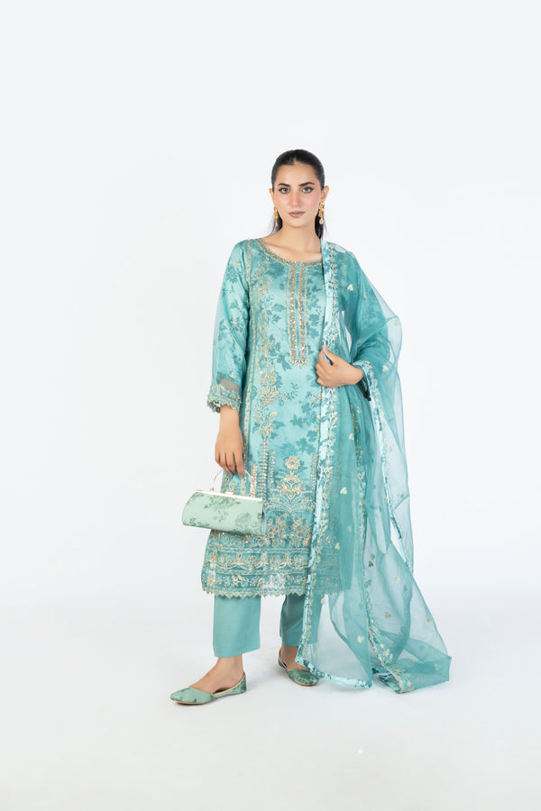 Ocean Blue Handmade Embellished Organza Ensemble with Clutch & Khussa
