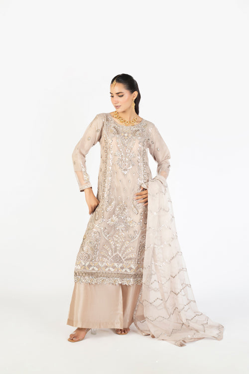 Beige Champagne Handmade Embellished Organza Ensemble