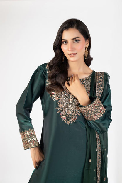 Deep Emerald Green Pure Sheesha Silk 3-Piece Ensemble with Crinkle Dupatta