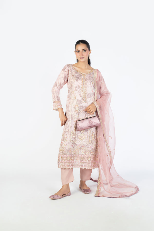Dusty Pink Champagne Handmade Embellished Organza Ensemble with Clutch & Khussa
