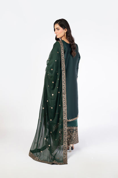 Deep Emerald Green Pure Sheesha Silk 3-Piece Ensemble with Crinkle Dupatta