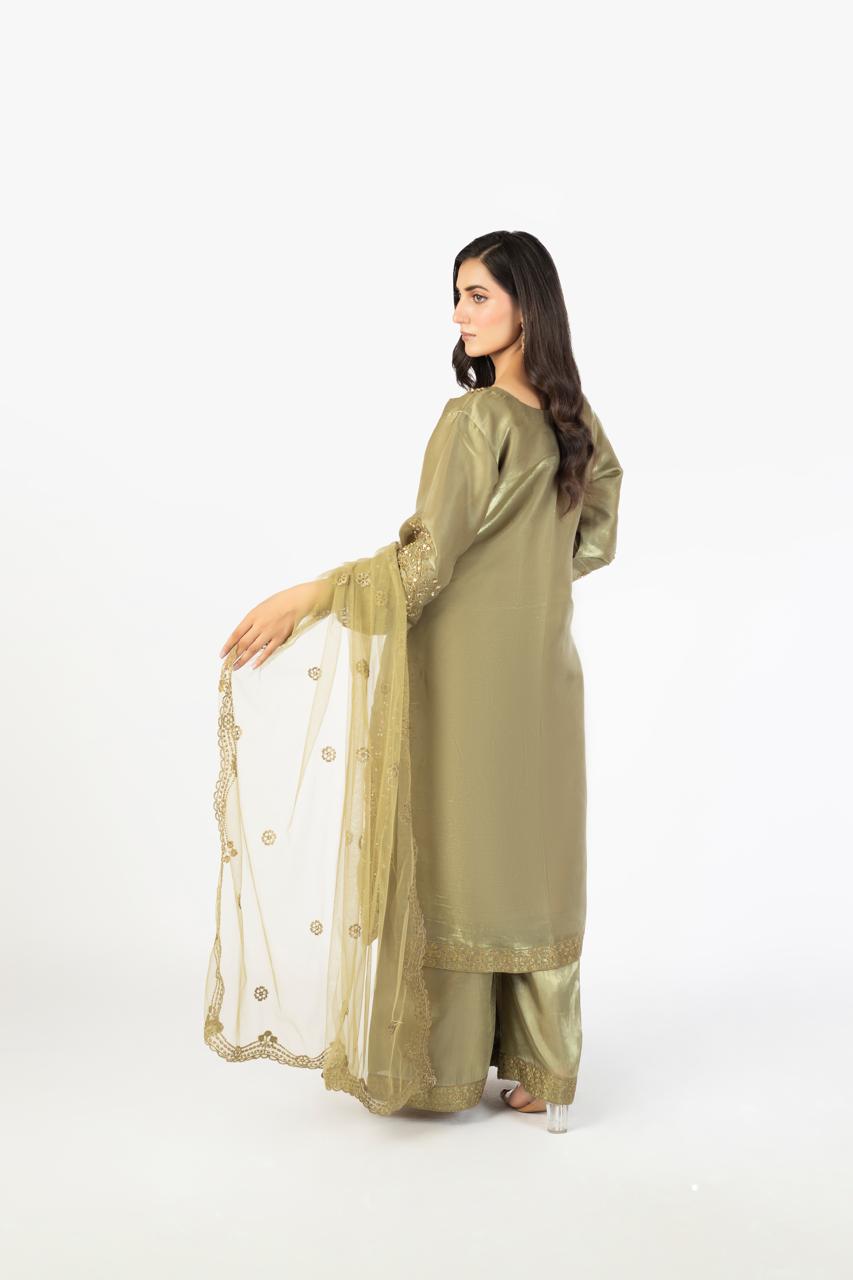 Olive Green Pure Sheesha Silk 3-Piece Ensemble with Handmade Embellishments