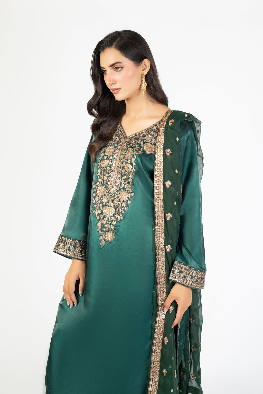 Elegant Bottle Green Pure Sheesha Silk 3-Piece Ensemble with Crinkle Dupatta