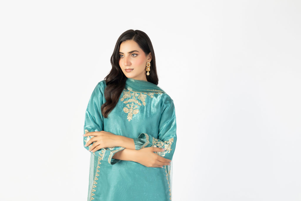 Luxury Pure Blue Sheesha Silk 3-Piece Formal Ensemble with Net Dupatta