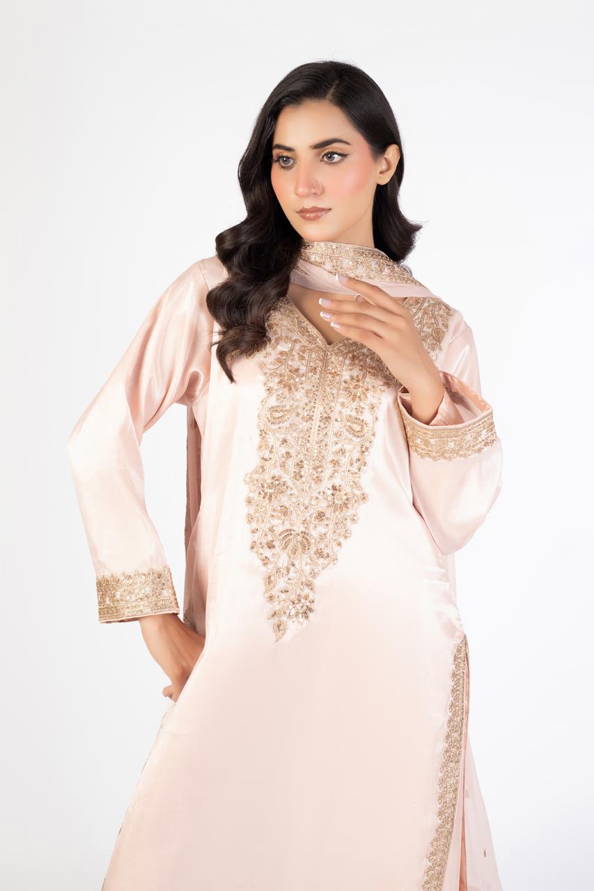 Elegant Pastel Pink Pure Sheesha Silk 3-Piece Ensemble with Crinkle Dupatta