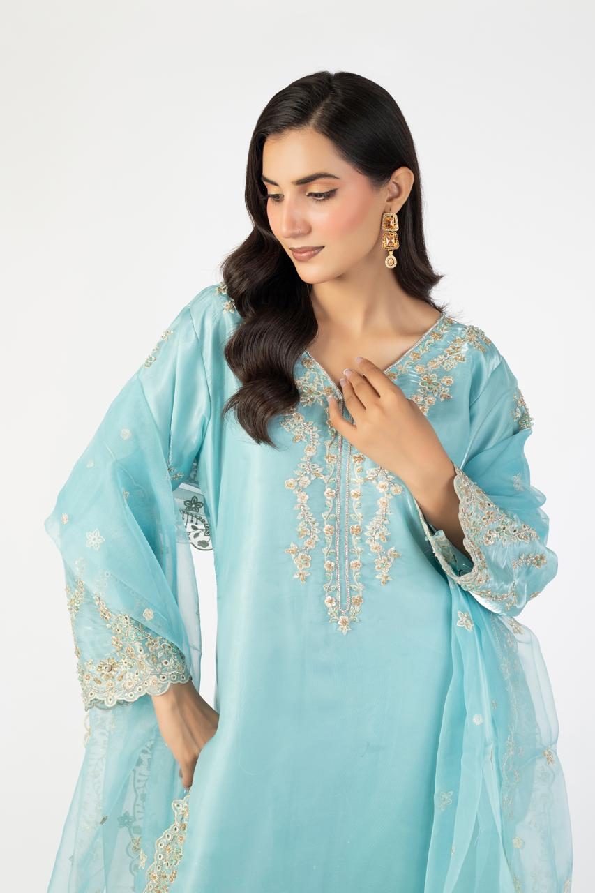 Sky Blue Pure Sheesha Silk 3-Piece Ensemble with Handmade Embellishments