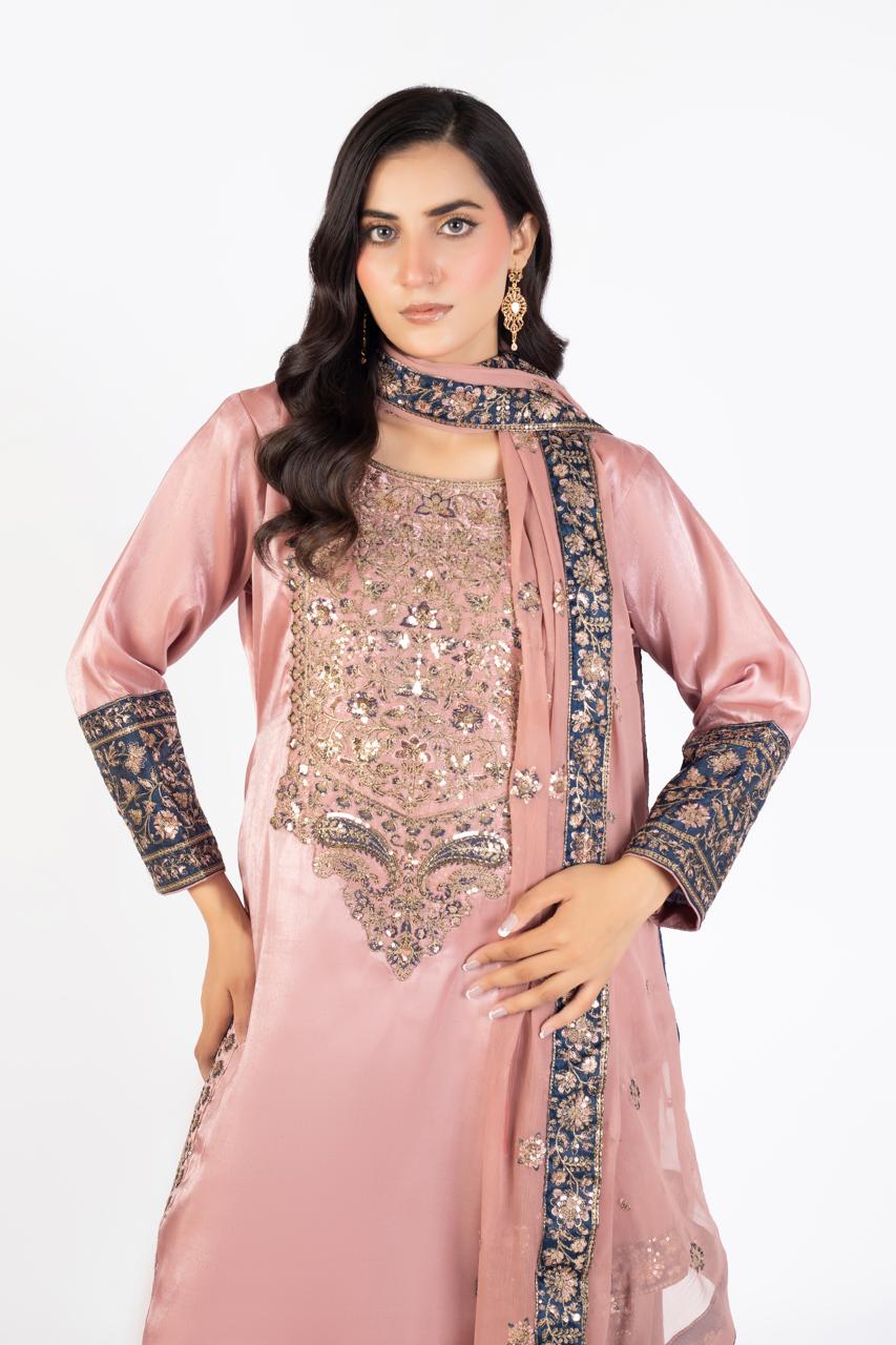 Tea Rose Pink Pure Sheesha Silk 3-Piece Ensemble with Crinkle Dupatta