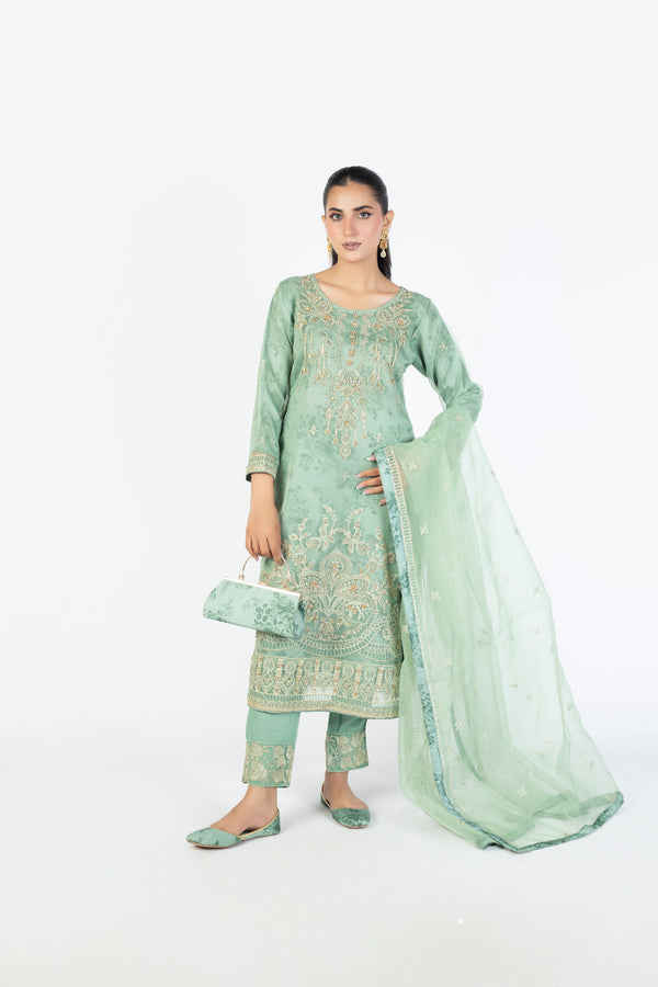 Mint Green Organza Embellished Ensemble with Clutch & Khussa