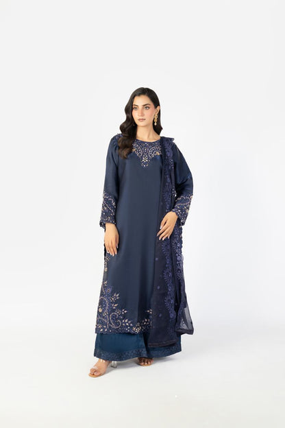 Navy Blue Pure Sheesha Silk 3-Piece Ensemble with Handmade Embellishments