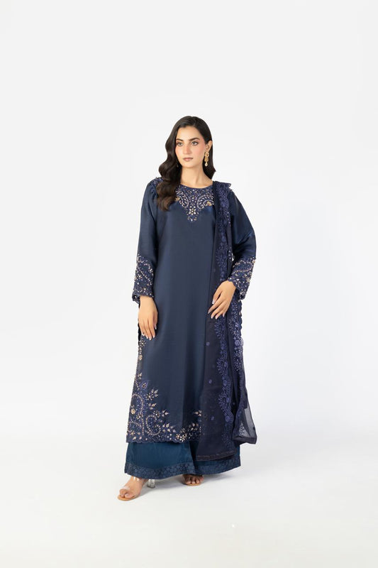 Navy Blue Pure Sheesha Silk 3-Piece Ensemble with Handmade Embellishments