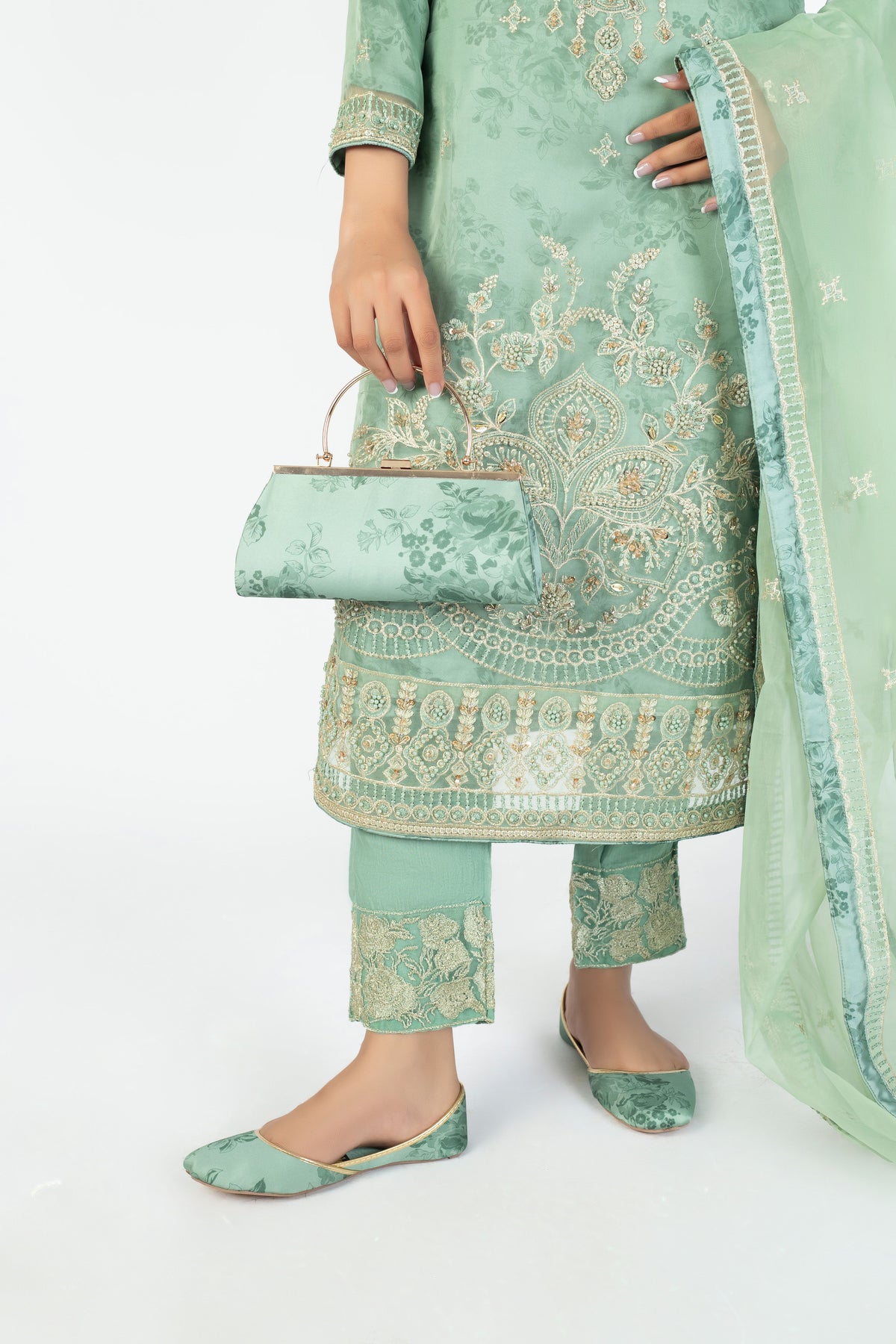 Mint Green Organza Embellished Ensemble with Clutch & Khussa