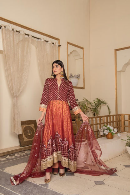 Maroon Royale Embroidered Net Maxi – Luxe Festive Edition