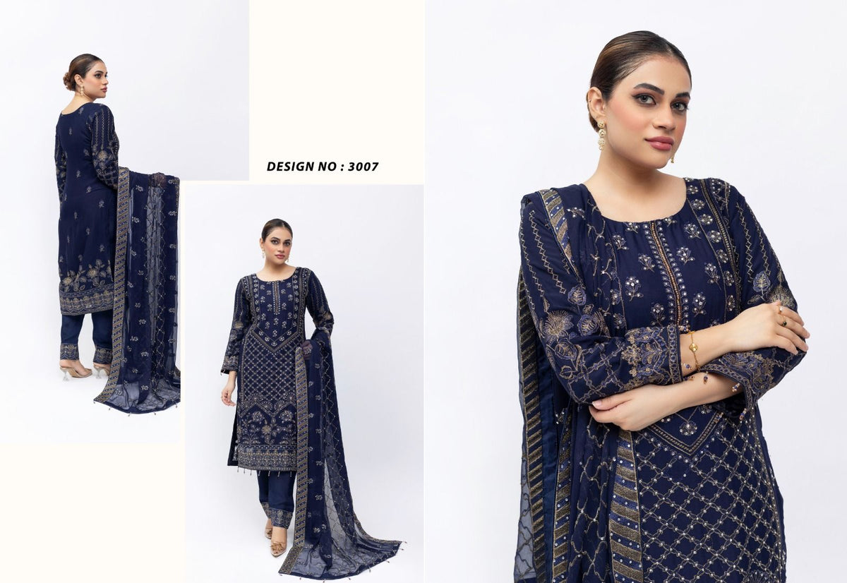 Navy Royale Embroidered Crinkle Suit – Luxe Festive Edition (3007)