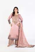 Tea Rose Pink Pure Sheesha Silk 3-Piece Ensemble with Crinkle Dupatta