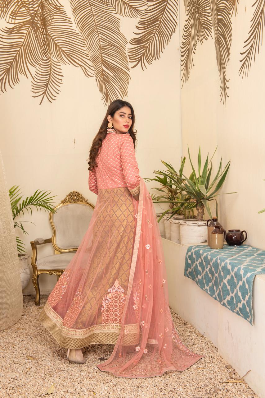 Peach Coral Embroidered Net Maxi – Soft Luxe Festive Edition