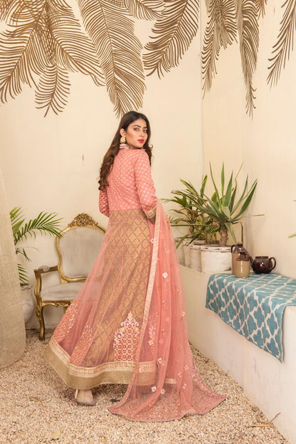 Peach Coral Embroidered Net Maxi – Soft Luxe Festive Edition
