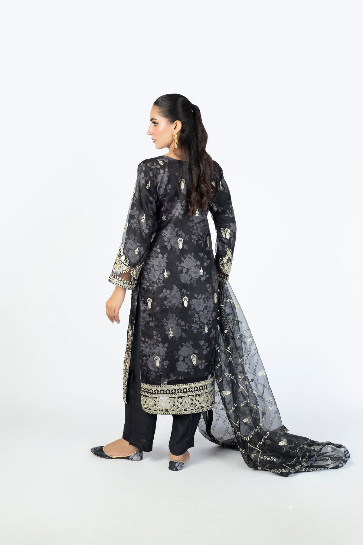 Black Handmade Embellished Organza Ensemble with Clutch & Khussa