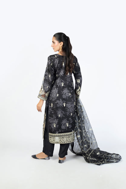 Black Handmade Embellished Organza Ensemble with Clutch & Khussa