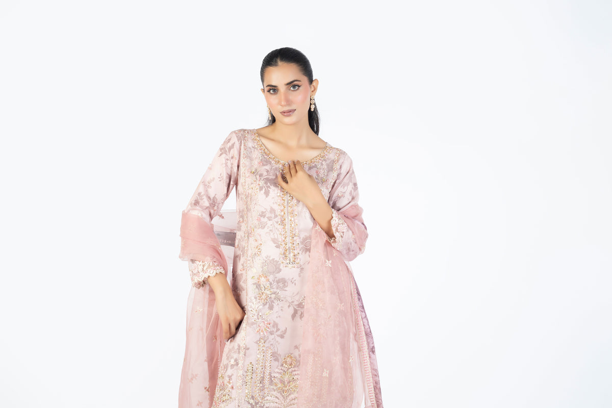 Dusty Pink Champagne Handmade Embellished Organza Ensemble with Clutch & Khussa