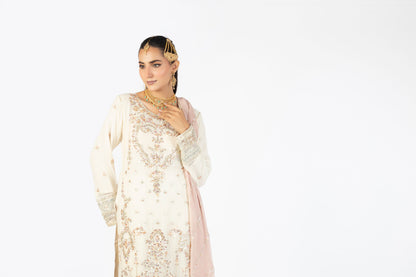 Ivory White Elegant Krinckle & Raw Silk Handmade Embellished Ensemble