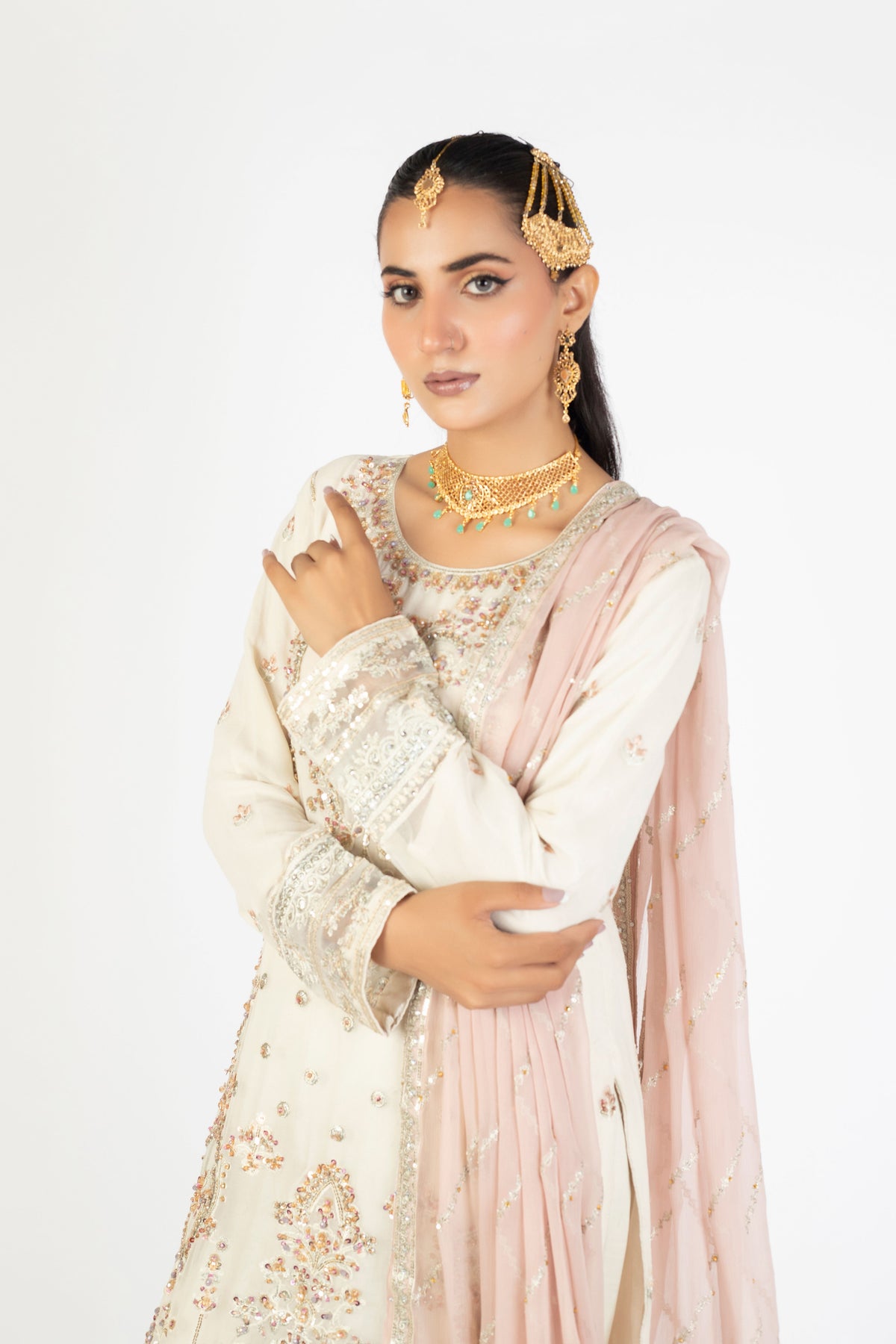Ivory White Elegant Krinckle & Raw Silk Handmade Embellished Ensemble
