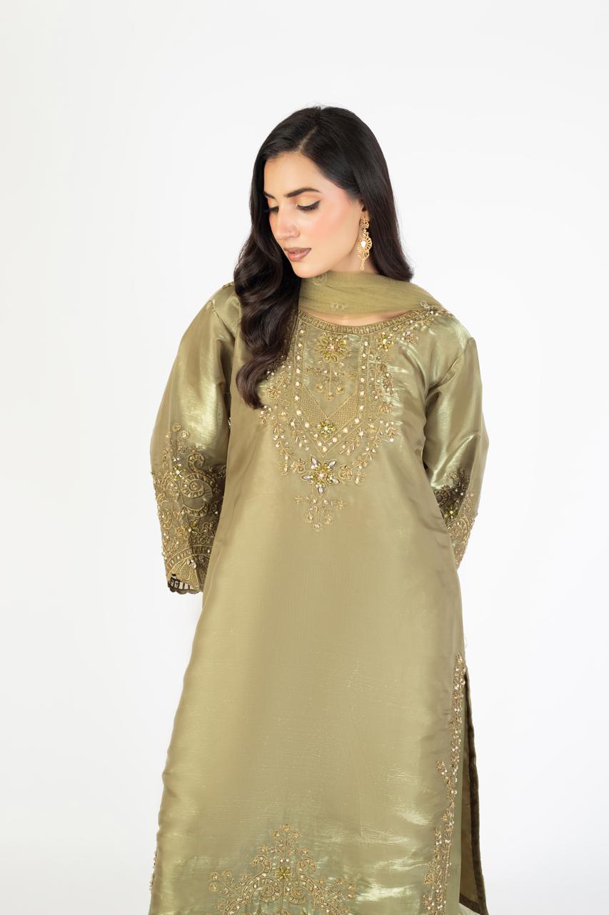 Olive Green Pure Sheesha Silk 3-Piece Ensemble with Handmade Embellishments