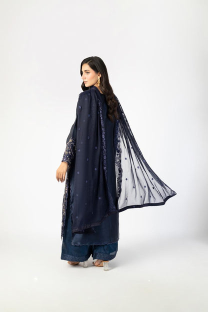 Navy Blue Pure Sheesha Silk 3-Piece Ensemble with Handmade Embellishments