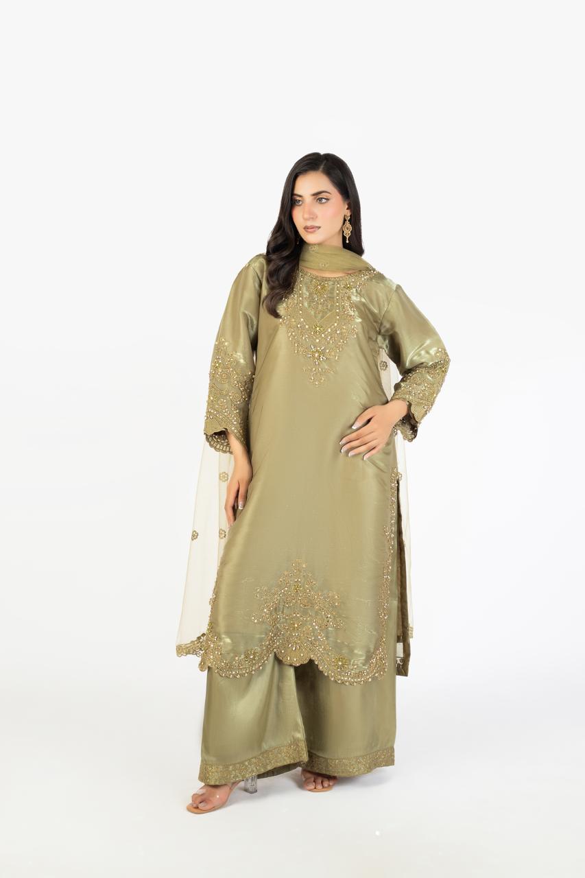 Olive Green Pure Sheesha Silk 3-Piece Ensemble with Handmade Embellishments
