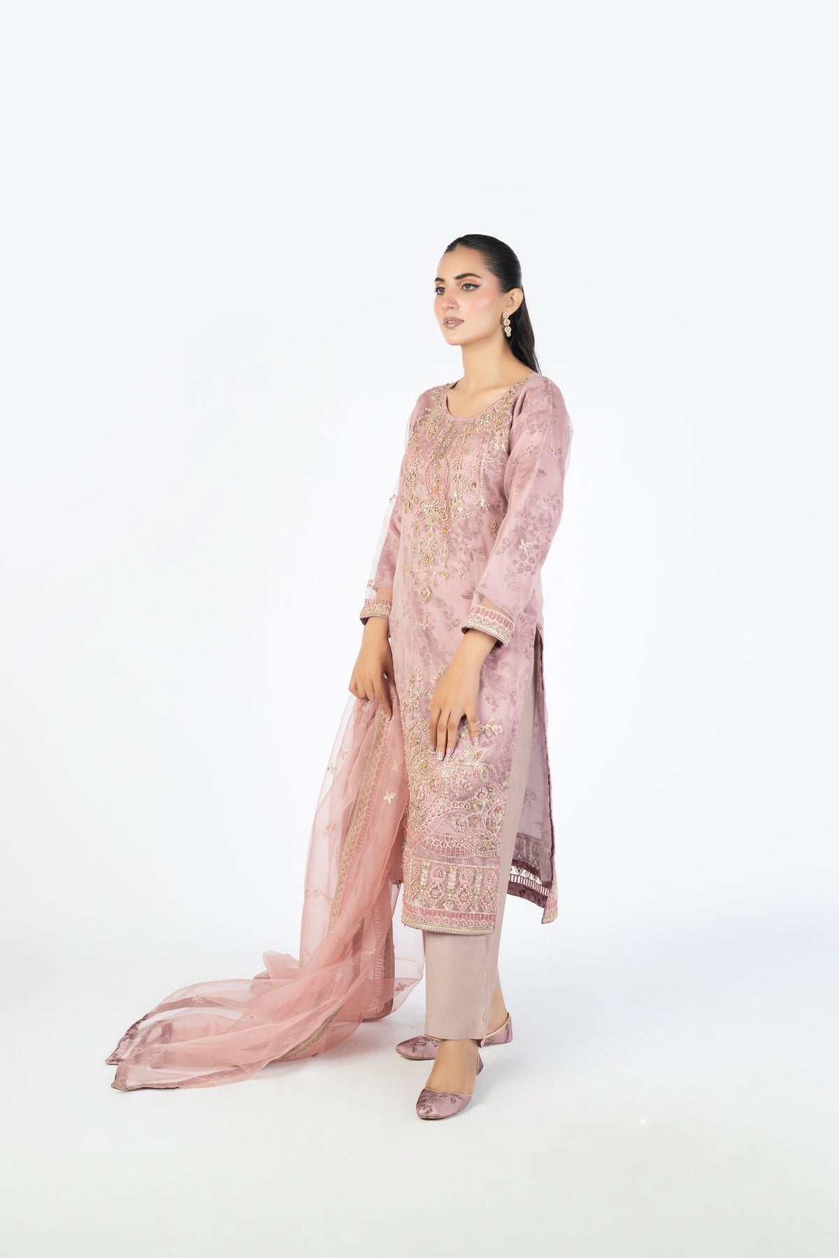 Onion Pink Handmade Embellished Organza Ensemble with Clutch & Khussa